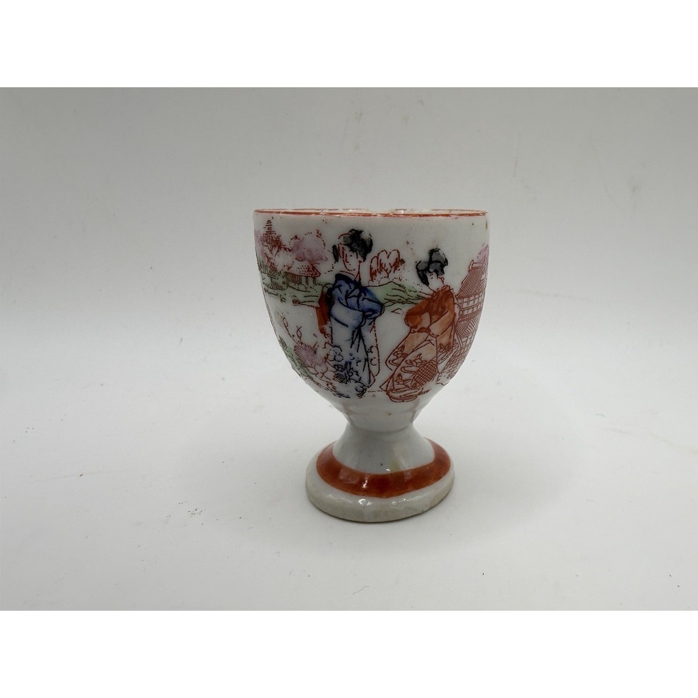 Vintage Chinese Porcelain Egg Cup Famille Rose Figures Landscape Footed